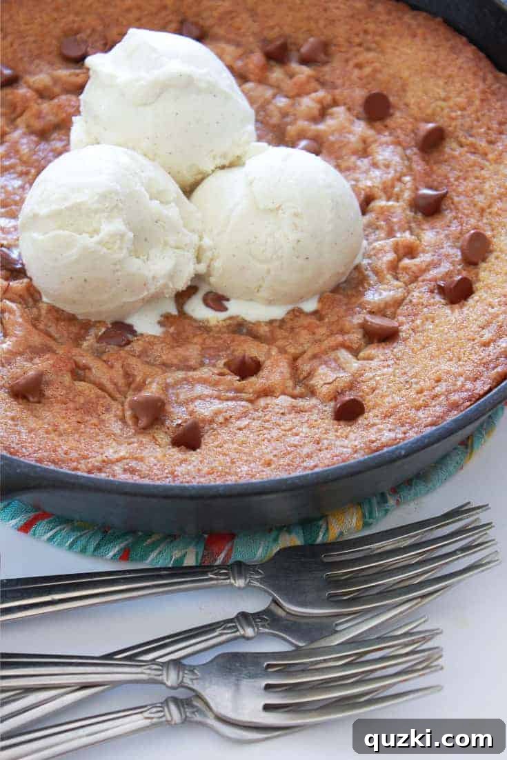 Ulusal Çikolata Parçacıklı Kurabiye Günü'ne Özel: En İyi 5 Kurabiye Tarifi 6 Warm chocolate chip cookie pizookie in a skillet, topped with melted chocolate and ice cream.