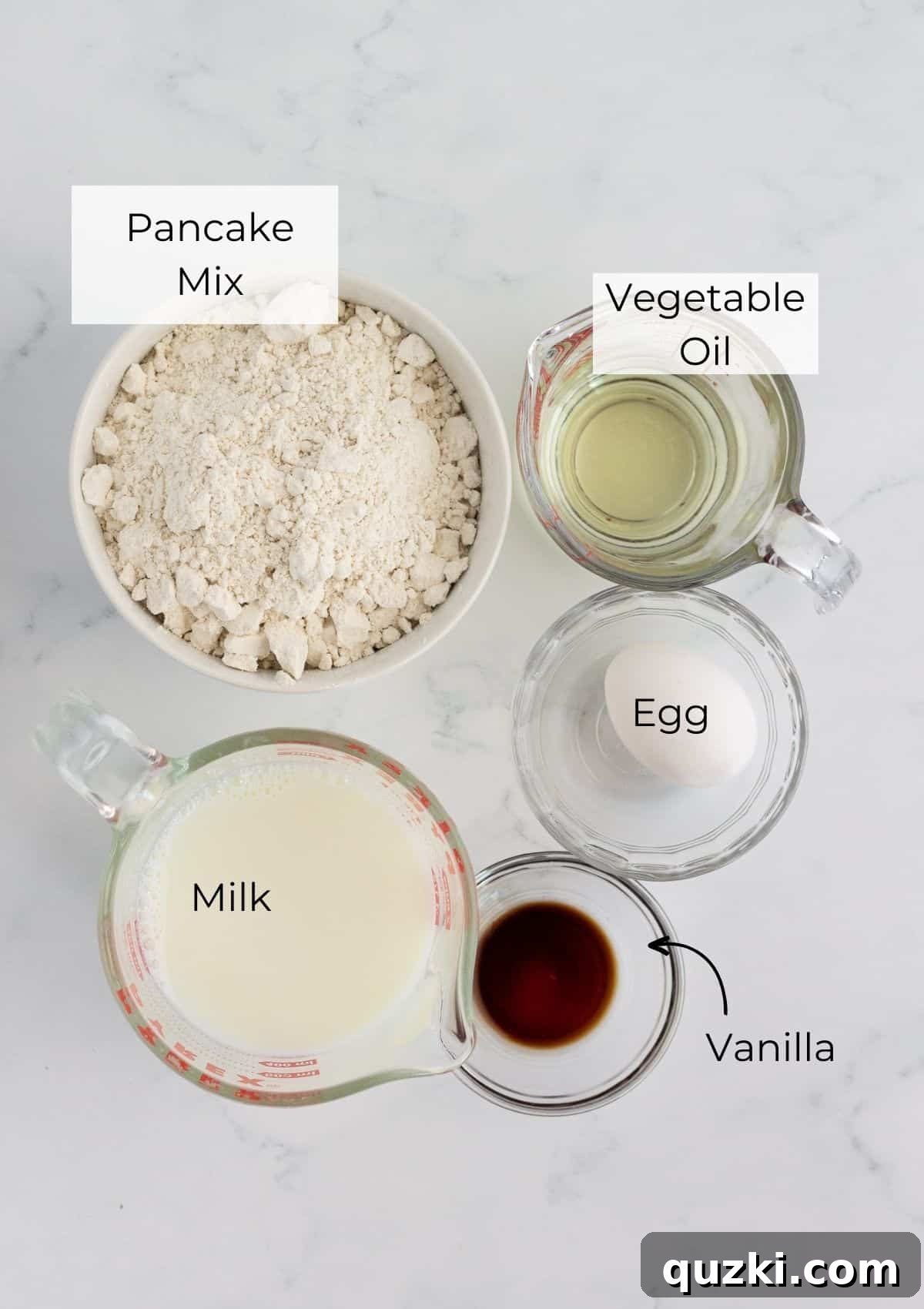 The ingredients needed to make pancake mix crepes, neatly arranged.