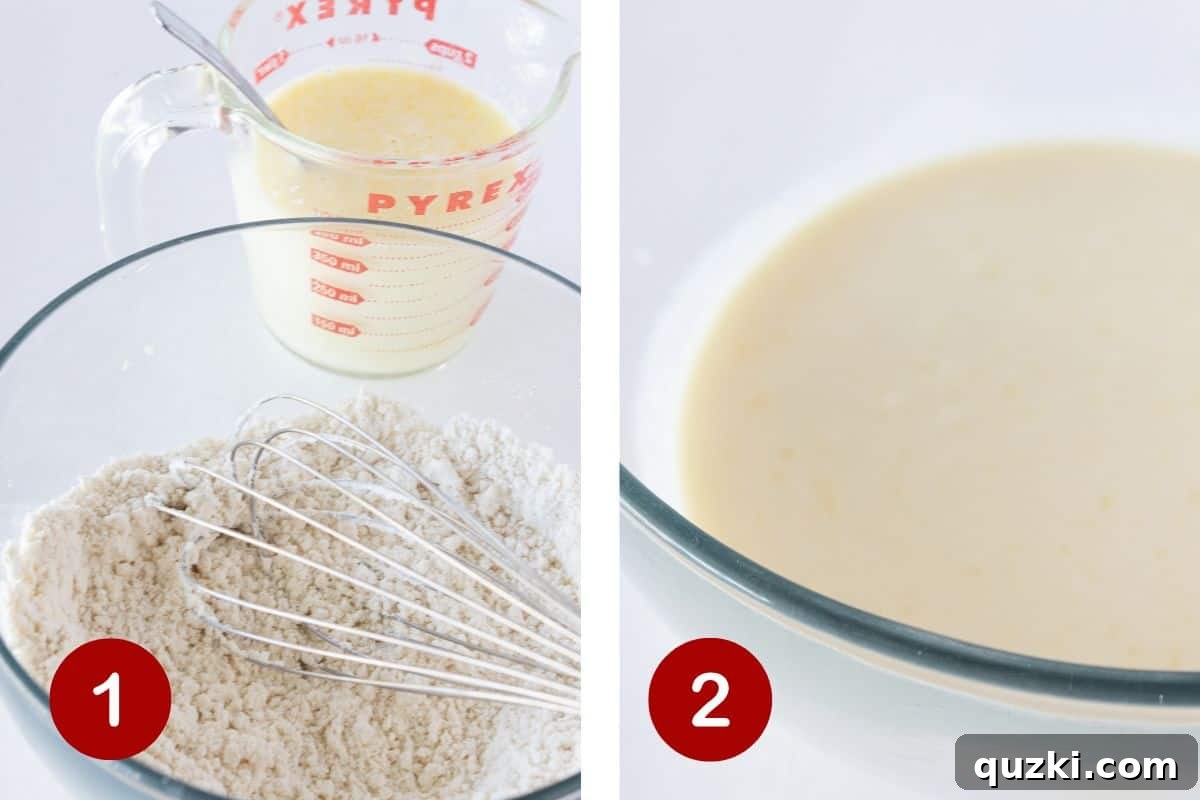 Steps 1 and 2 of making pancake mix crepes: 1, whisking dry and wet ingredients separately; 2, combining the ingredients to form a thin batter.