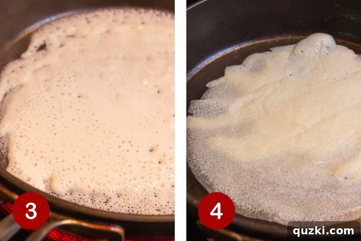 Steps 3 and 4 of making pancake mix crepes: 3, adding the batter to a hot pan and swirling; 4, cooking and flipping the crepe.