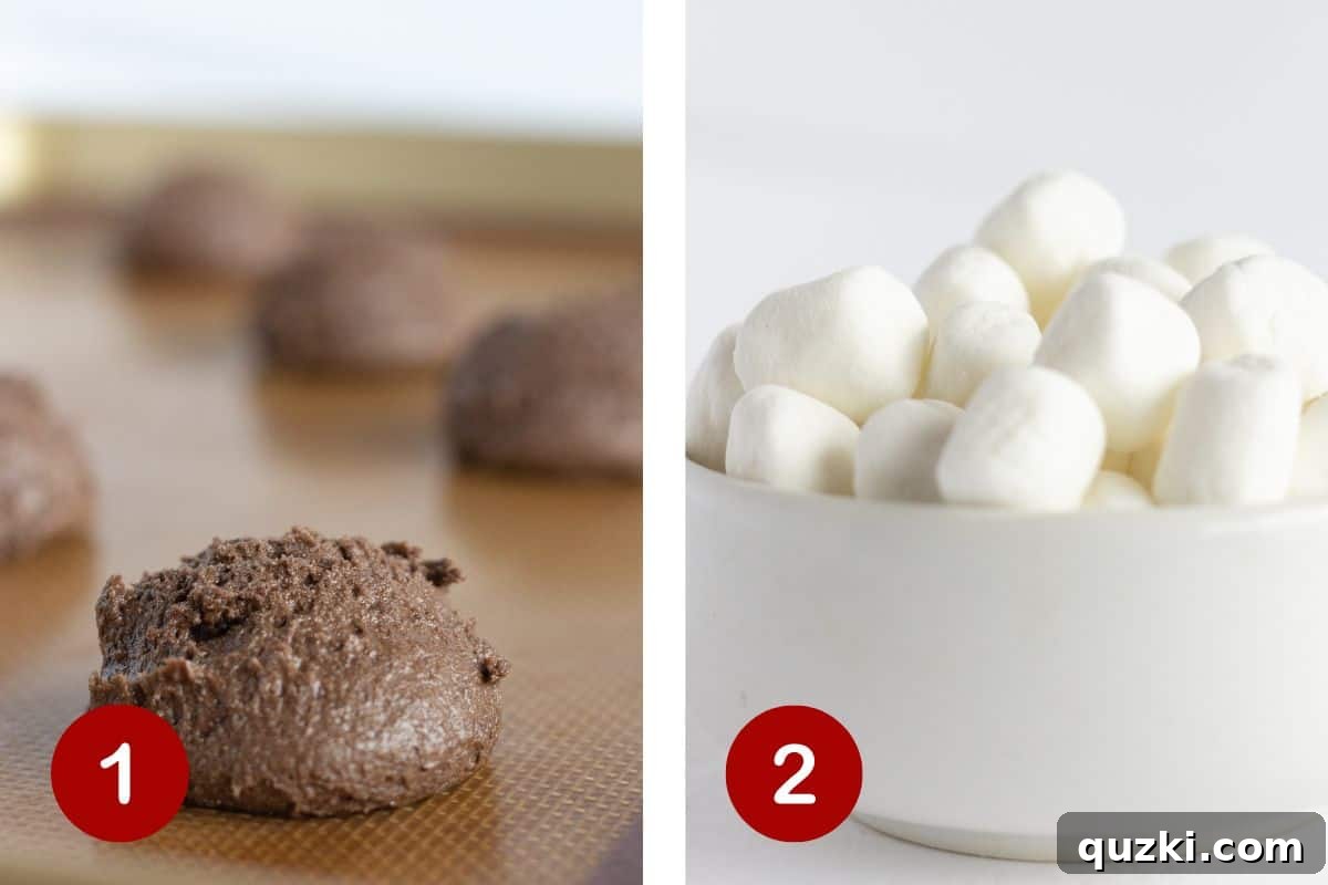 A visual guide showing the process of making Rocky Road Cookies, including mixing the dough, scooping uniform portions, and preparing mini marshmallows for topping.