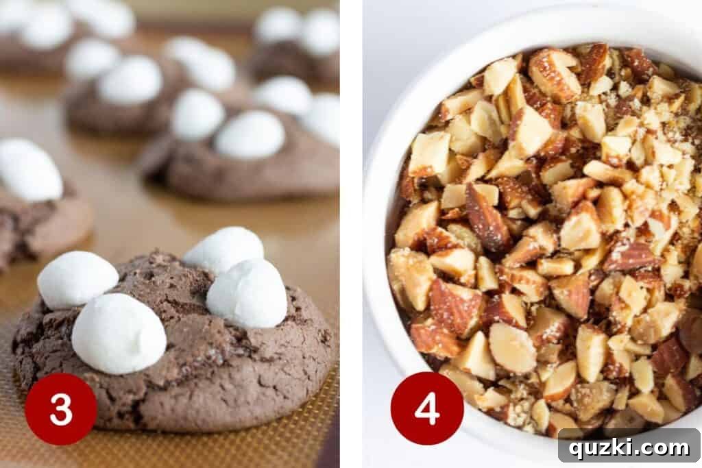 Illustrative image depicting the crucial steps of adding marshmallows to partially baked cookies and the detailed process of chopping almonds for the decadent frosting.