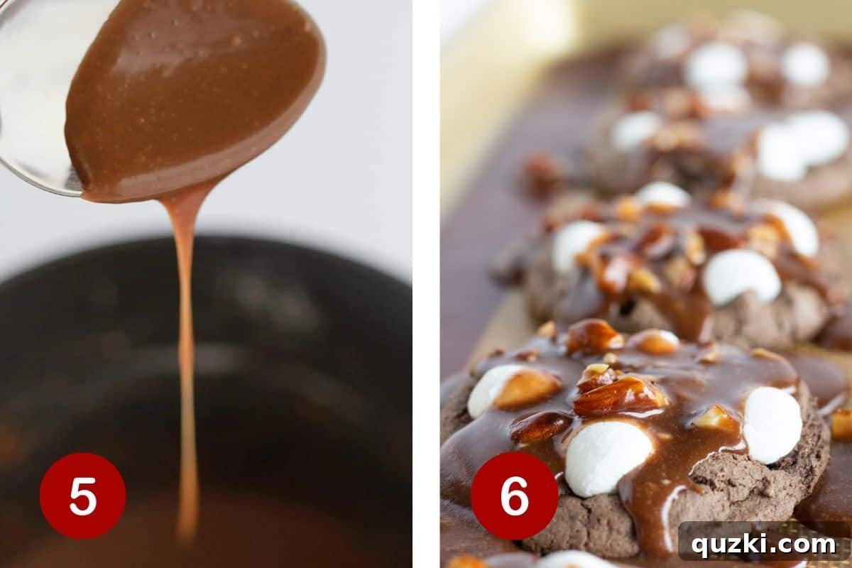 A two-part image illustrating the preparation of the rich chocolate almond frosting and the final step of spooning the luscious topping over the freshly baked Rocky Road Cookies.