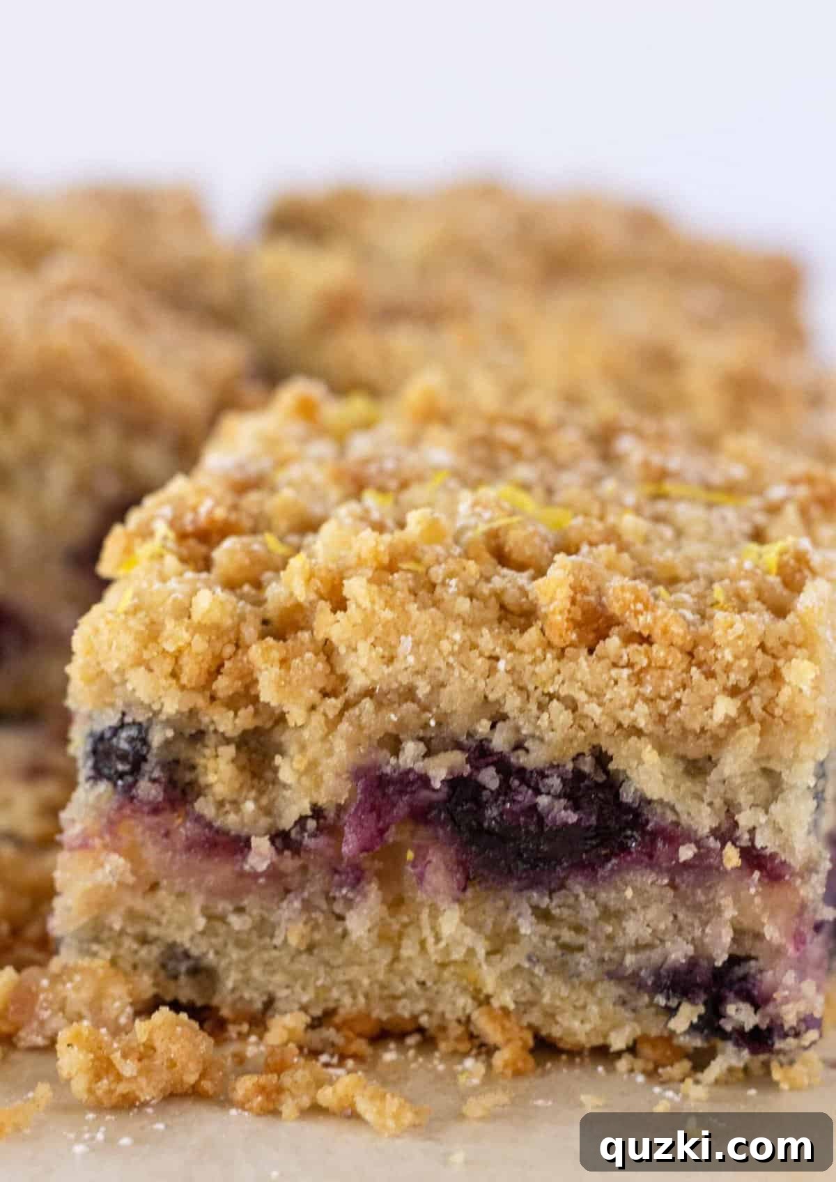 Effortless Lemon Blueberry Sour Cream Crumb Cake 3 Delicious Easy Lemon Blueberry Crumb Cake cut into perfect squares, beautifully garnished with fresh lemon zest on top.