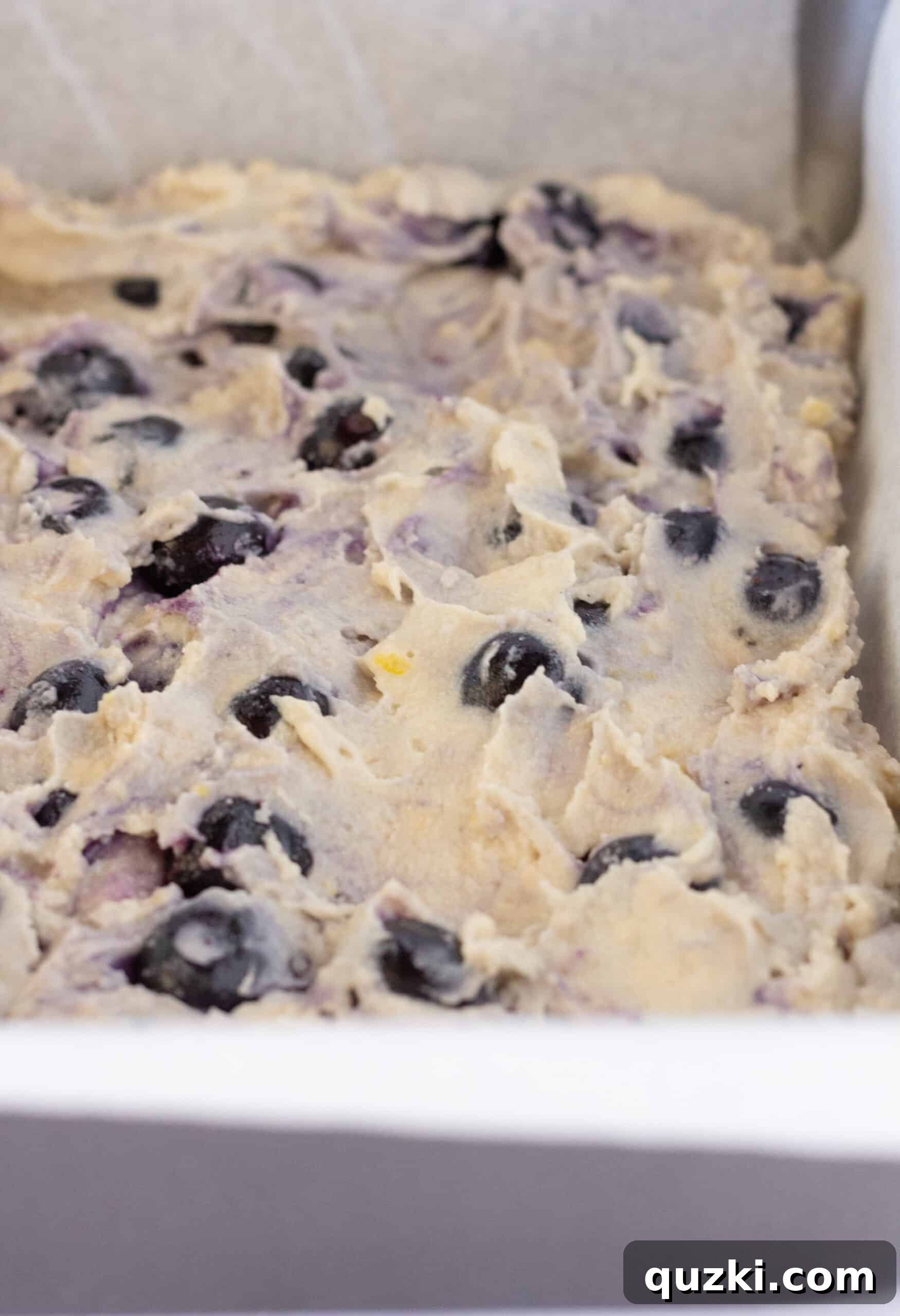 Effortless Lemon Blueberry Sour Cream Crumb Cake 8 Spreading the first half of the lemon blueberry crumb cake batter into the pan, followed by a layer of bright lemon curd.