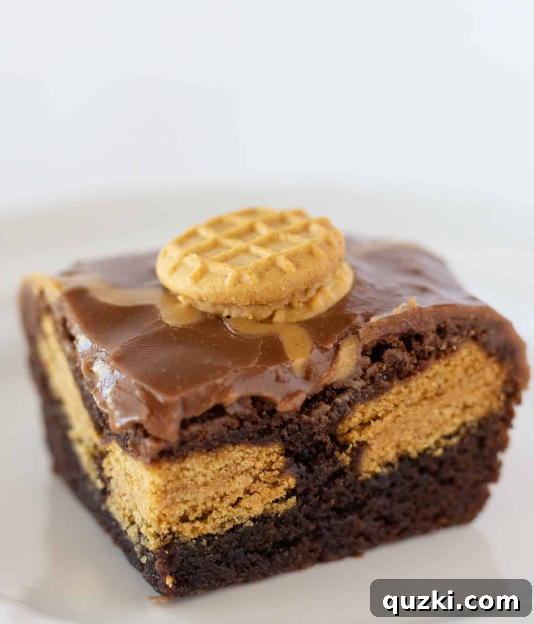 A perfectly portioned Nutter Butter brownie on a white plate, showcasing its fudgy texture and cookie chunks.