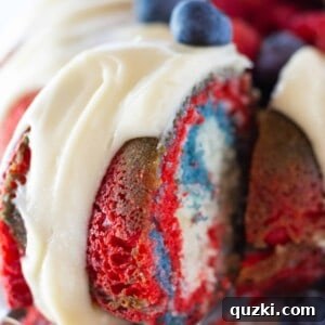 Red White and Blue Velvet Bundt Cake Recipe with a Cake Mix, an Easy 4th of July Dessert Idea featured by top US dessert blogger, Practically Homemade