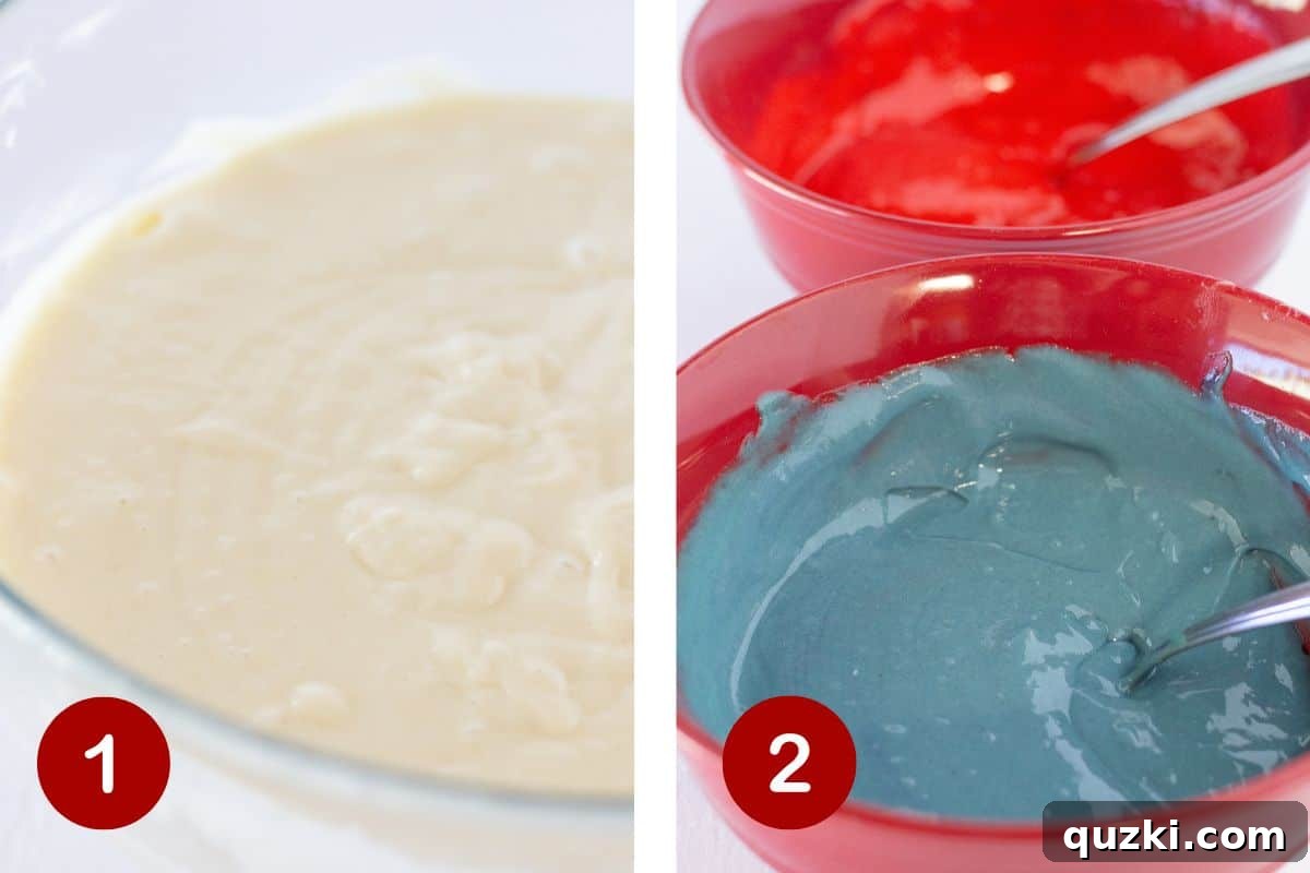 Easy Patriotic Burst Bundt 4 First two steps of making a firecracker cake shown: 1, combining cake mix ingredients in a bowl; 2, dividing and coloring batter into red, white, and blue in separate bowls.