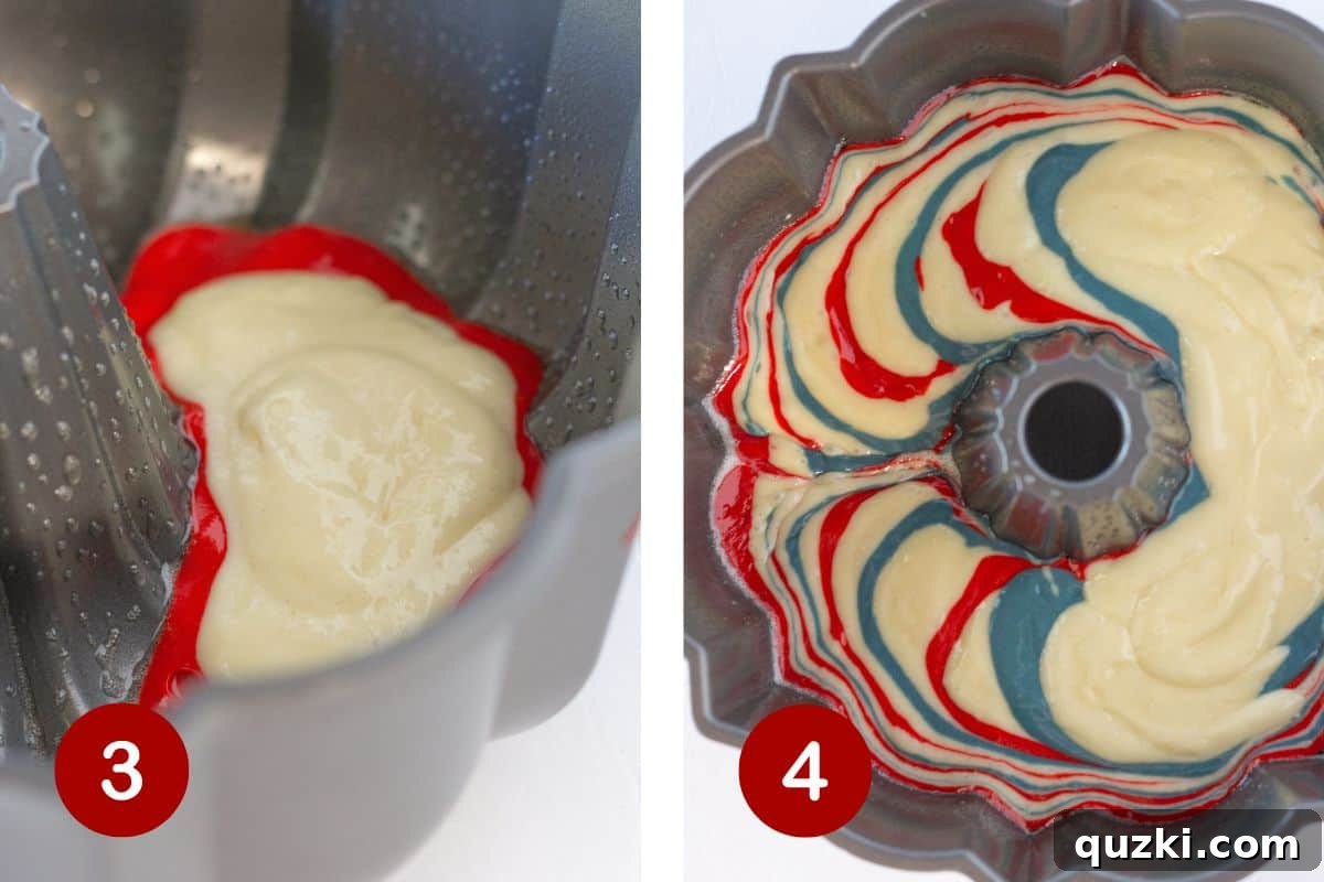 Easy Patriotic Burst Bundt 5 Steps 3 and 4 of making a firecracker cake: 3, carefully layering the distinct red, white, and blue batters into a greased bundt pan; 4, continuing the layering process until all batter is used.
