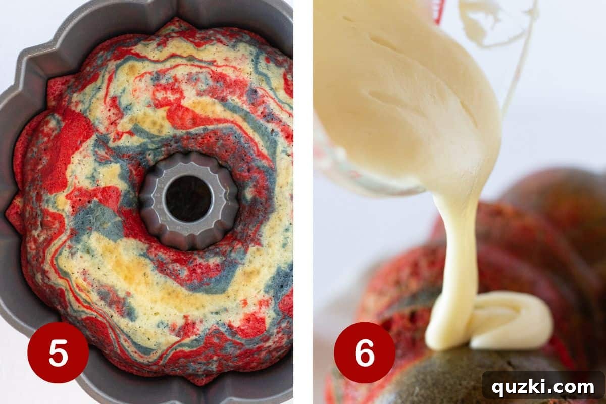 Easy Patriotic Burst Bundt 6 Steps 5 and 6 of making a firecracker cake: 5, the baked cake cooling on a rack after removal from the oven; 6, a finished cake being topped with a creamy glaze and fresh fruit.
