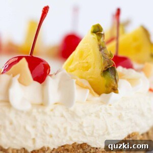 Easy Cheesecakes: Festive Pina Colada Cheesecake Recipe featured by top US dessert blogger, Practically Homemade