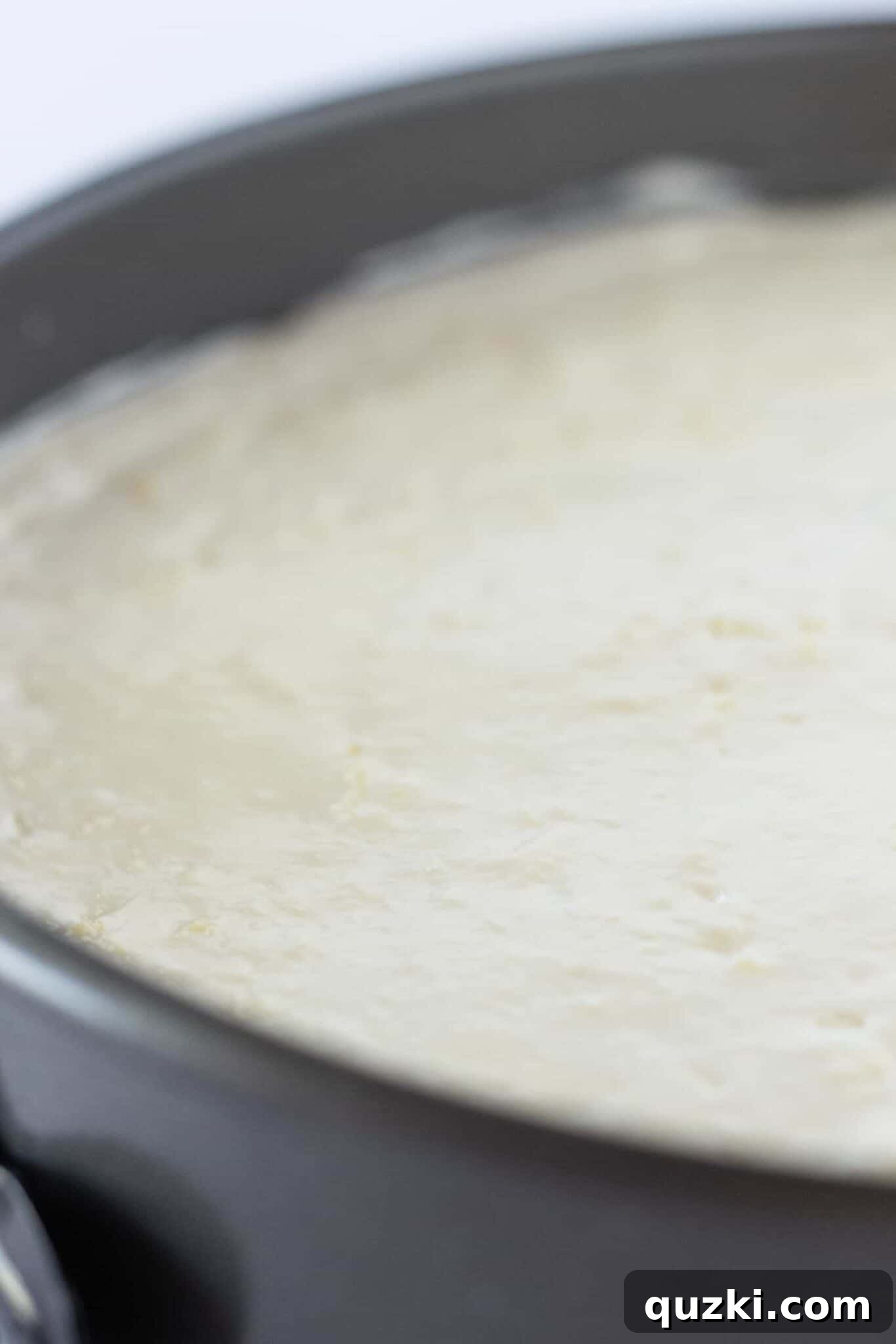 Island Escape No-Bake Cheesecake 8 Pouring the smooth Pina Colada no-bake cheesecake filling onto the chilled vanilla wafer crust in a springform pan.