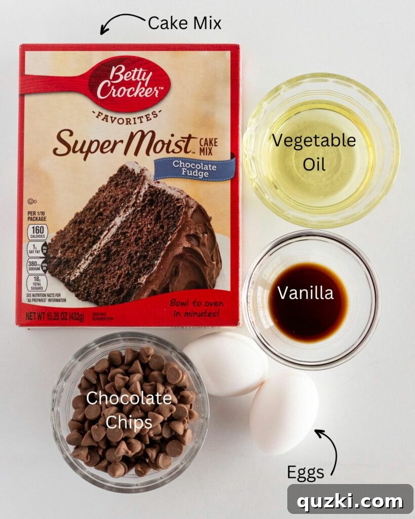 Fudgy Delights from a Cake Mix 3 A selection of essential ingredients including a box of chocolate cake mix, eggs, vanilla extract, and vegetable oil, ready for baking.