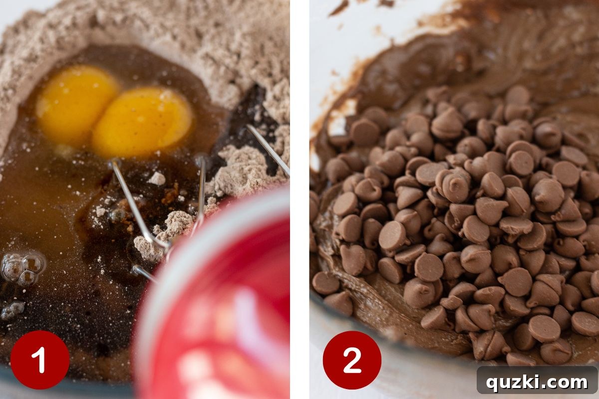 Fudgy Delights from a Cake Mix 4 Two sequential images showing the steps of making brownies: first, mixing the brownie batter in a bowl; second, folding in chocolate chips by hand.