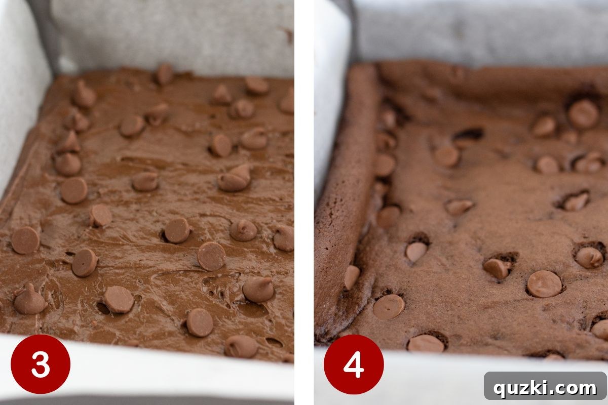 Fudgy Delights from a Cake Mix 5 Two sequential images illustrating the final baking steps for cake mix brownies: first, pouring batter into a parchment-lined pan and topping with chocolate chips; second, the baked brownies cooling on a rack in the pan.