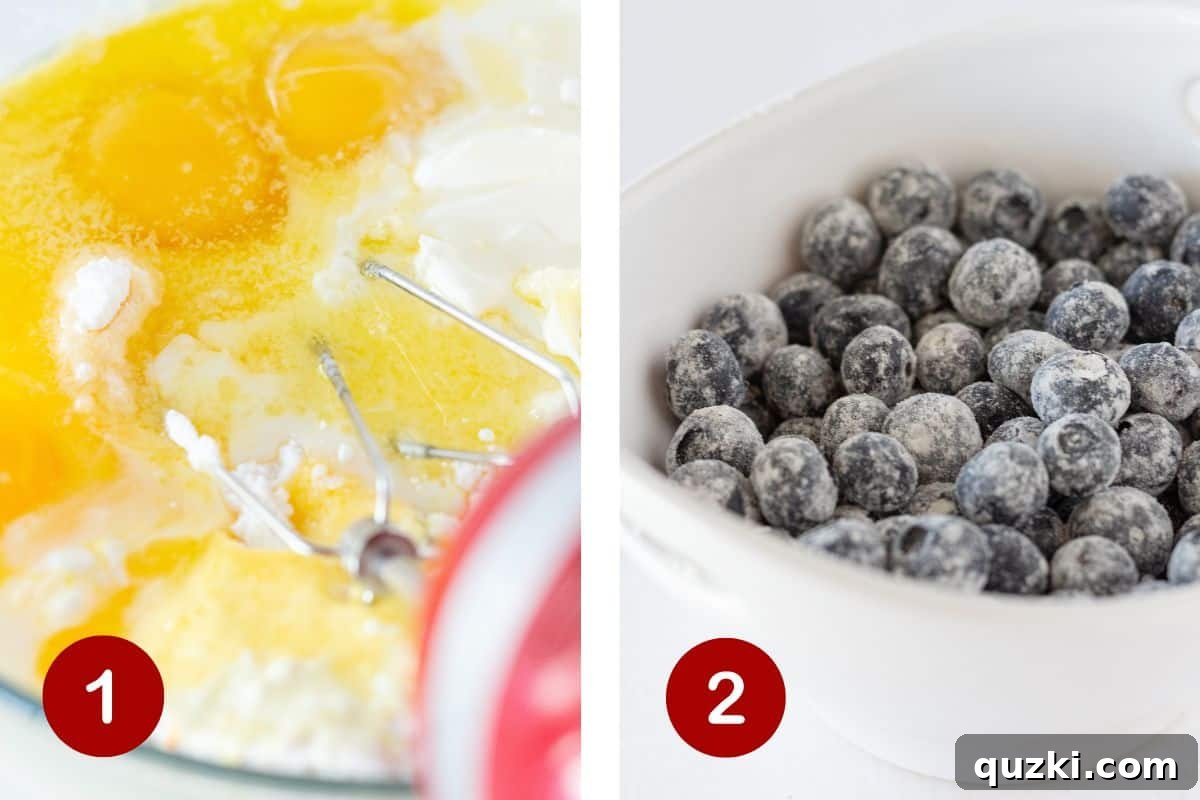 Two images side-by-side illustrating the initial steps of baking. The first shows wet and dry ingredients being combined in a large bowl to form the cake batter. The second depicts fresh blueberries lightly tossed with cake mix in a smaller bowl, ready to be added to the batter.