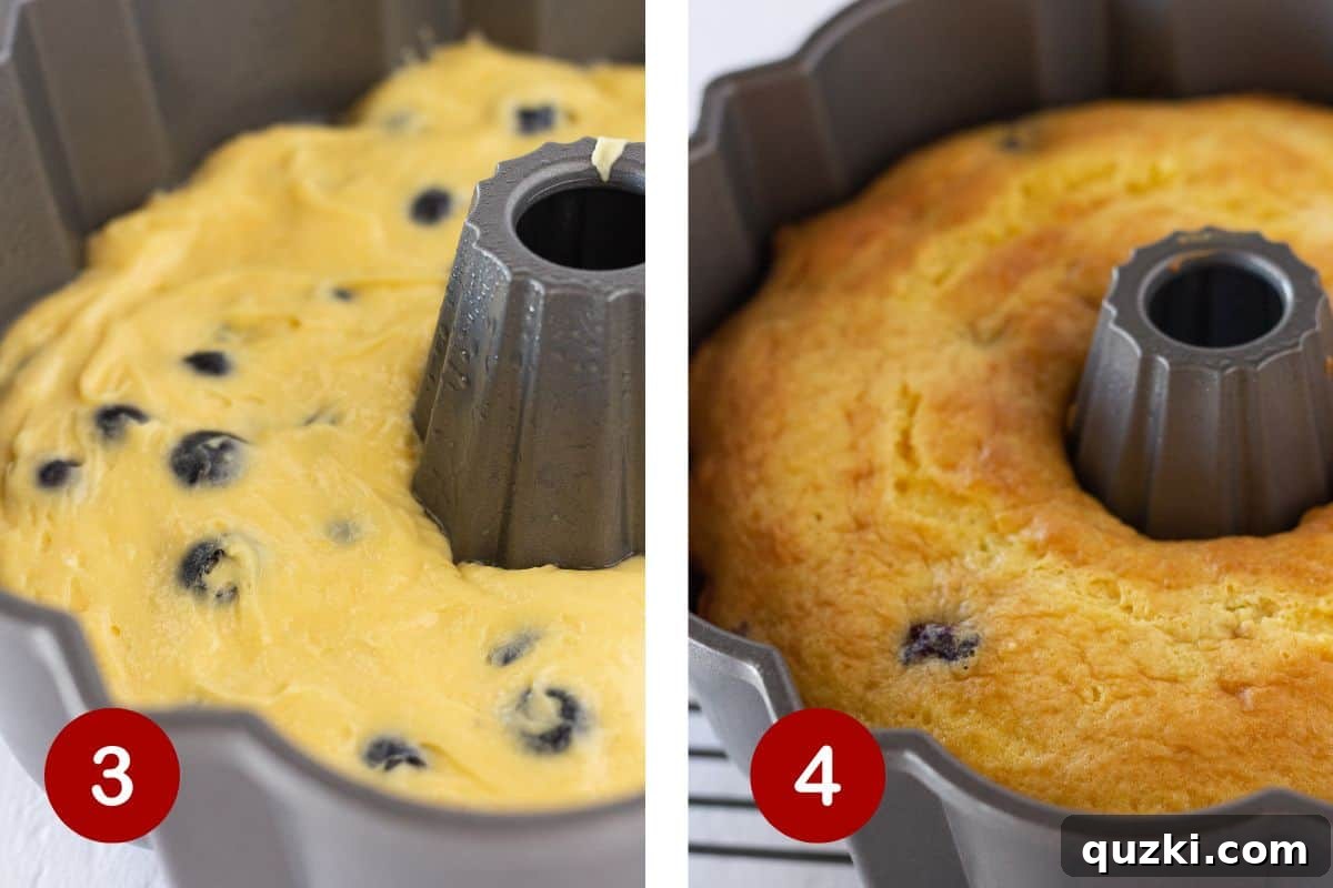 Two images side-by-side. The first shows blueberries being gently folded into the cake batter, which is then poured into a prepared bundt pan, ready for baking. The second shows the bundt cake baking in the oven, turning a beautiful golden brown and rising perfectly.