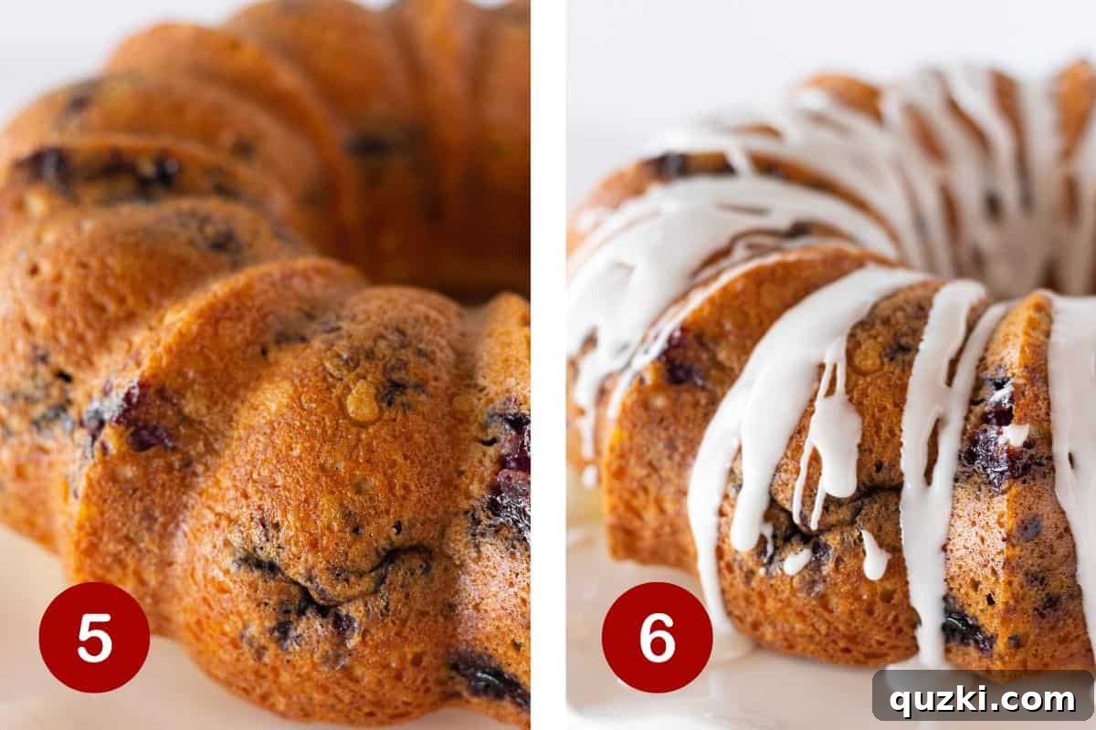Two images side-by-side. The first shows a baked bundt cake being carefully inverted from its pan onto a wire rack to cool. The second displays the cooled cake on a serving plate, being elegantly drizzled with a sweet, white glaze.