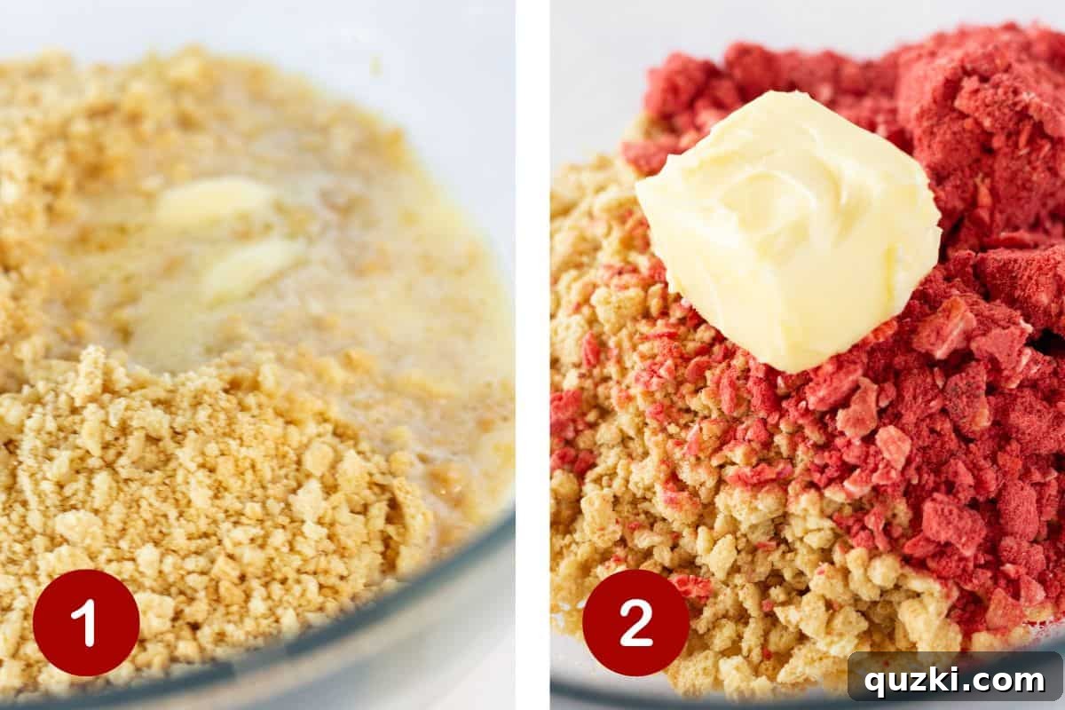 Steps 1 and 2 of making strawberry crunch cheesecake. First, combining crust ingredients and pressing into a springform pan. Second, making the strawberry crunch topping with Golden Oreos and freeze-dried strawberries.