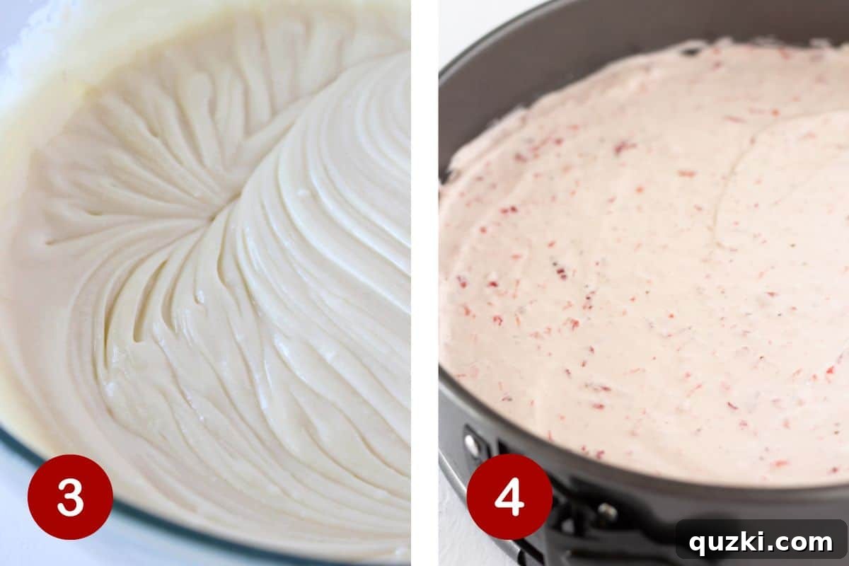 Steps 3 and 4 of making strawberry crunch cheesecake. Third, preparing the creamy cheesecake filling. Fourth, dividing the filling, adding strawberry jam to one half, and layering it onto the crust.