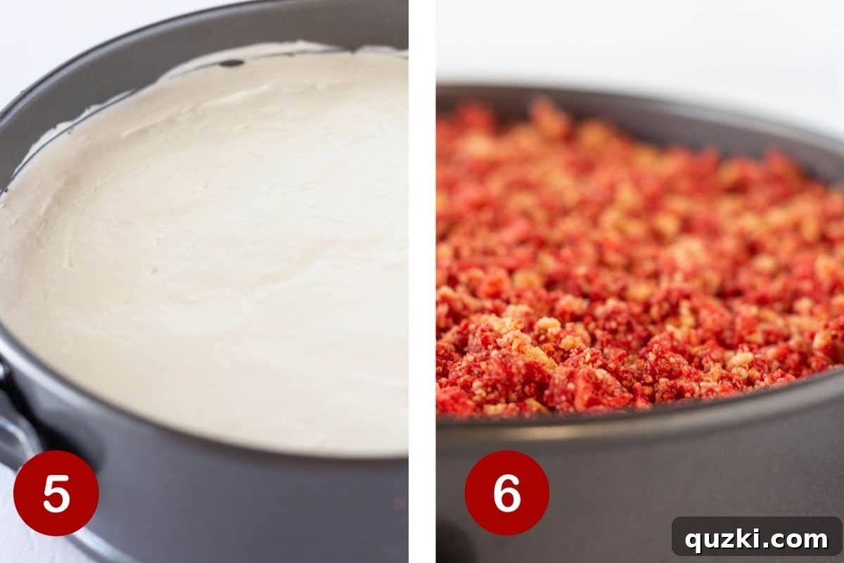 Steps 5 and 6 of making no-bake strawberry crunch cheesecake. Fifth, adding the vanilla filling layer. Sixth, topping with strawberry crunch and refrigerating for setting.