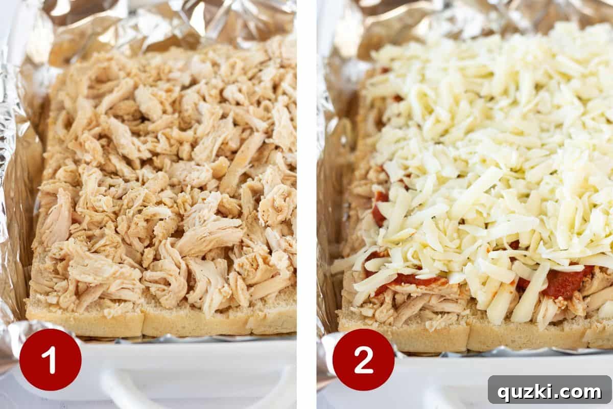 Quick Chicken Sliders 4 Visual steps 1 and 2 for preparing Chicken Parm Sliders. Showing sliced rolls with shredded chicken, then topped with pizza sauce and cheese.