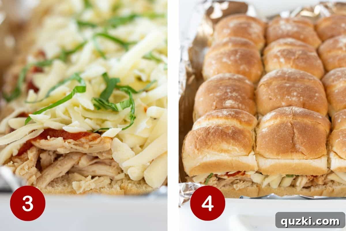 Quick Chicken Sliders 5 Visual steps 3 and 4 for making chicken parmesan sliders. Depicting fresh basil added, then the top half of the rolls placed on fillings.