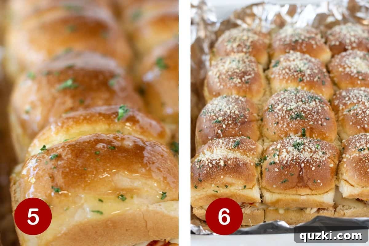 Quick Chicken Sliders 6 Visual steps 5 and 6 of making chicken parm sandwiches. Showing butter mixture brushed on top of rolls, then the finished baked sandwiches.
