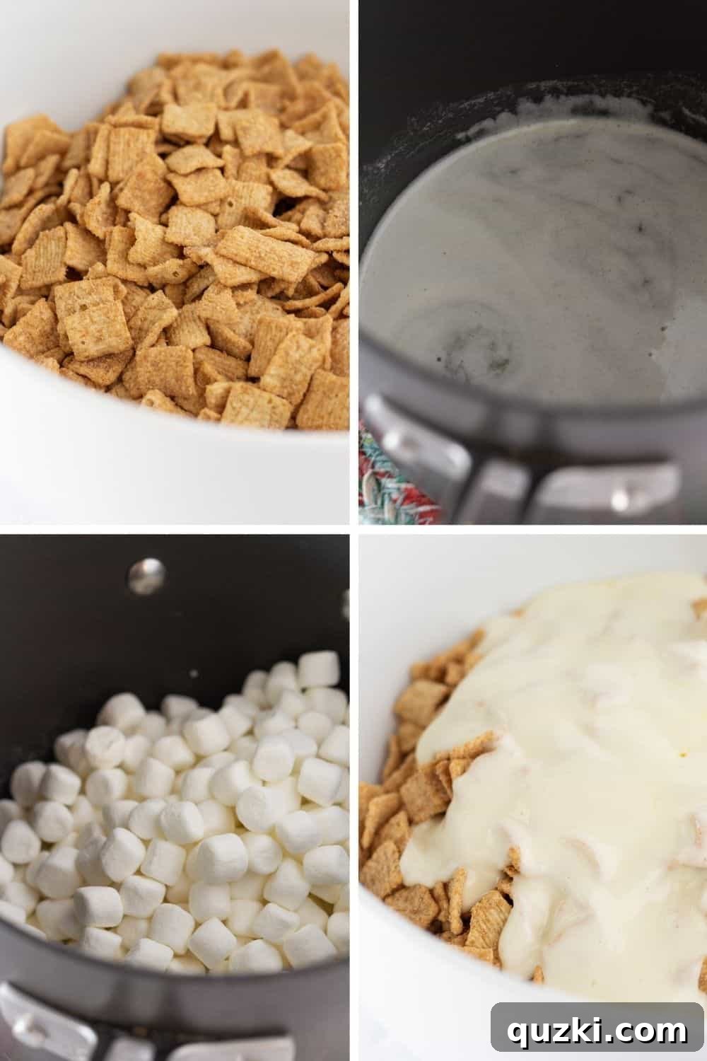 Ultimate No-Bake Cinnamon Toast Crunch Bars 4 Pouring melted marshmallow and butter over Cinnamon Toast Crunch cereal.