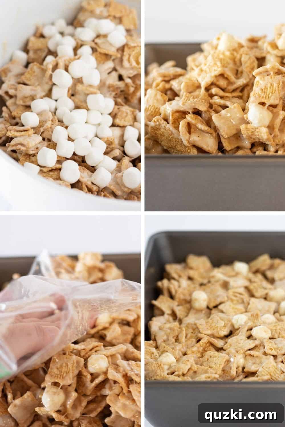 Ultimate No-Bake Cinnamon Toast Crunch Bars 5 Firmly pressing Cinnamon Toast Crunch bar mixture into a square pan for even setting.