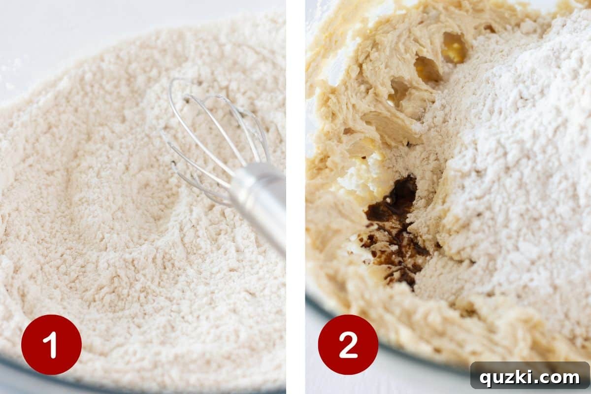Two images side-by-side demonstrating steps 1 and 2 of making simple eggless cookie dough. The first shows flour being microwaved, and the second shows butter and sugars being creamed, followed by the addition of flour.