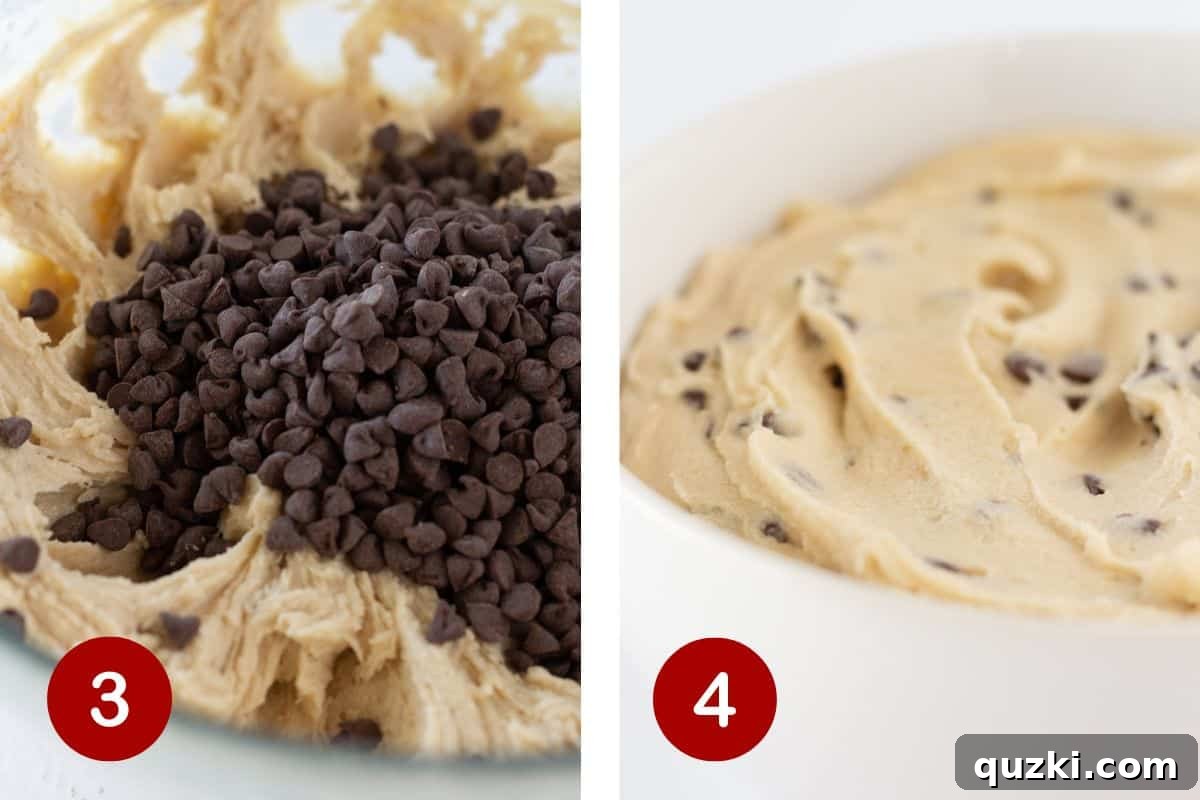 Two images side-by-side showing steps 3 and 4 of making edible cookie dough. The first depicts mini chocolate chips being added and stirred into the dough, and the second shows the finished edible cookie dough ready to be eaten and enjoyed.