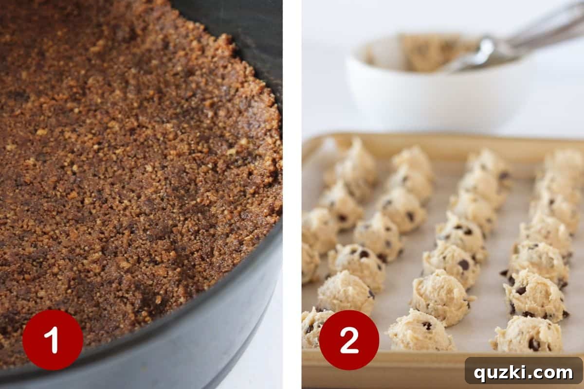 Irresistible No-Bake Cookie Dough Cheesecake 4 Two steps in the process of making cookie dough cheesecake: on the left, melted butter is being mixed into cookie crumbs for the crust; on the right, small balls of eggless cookie dough are being scooped onto a parchment-lined baking sheet.