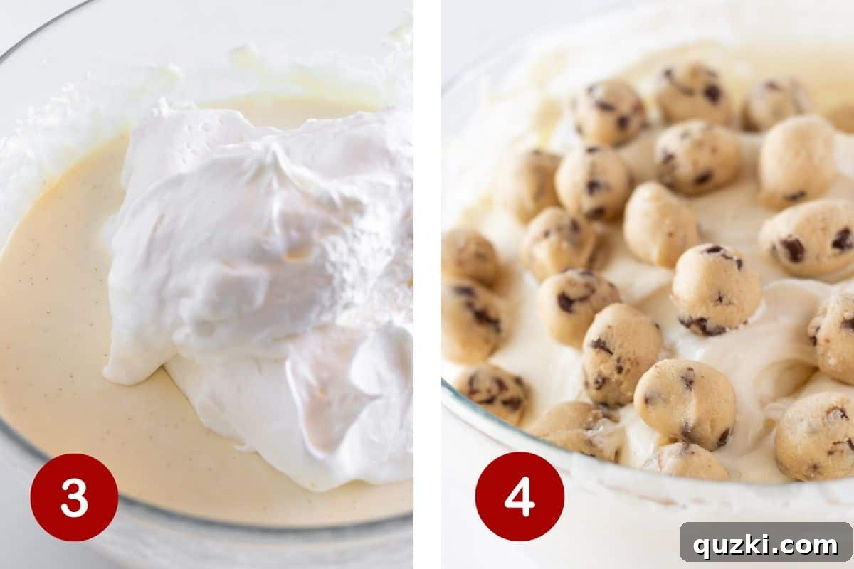 Irresistible No-Bake Cookie Dough Cheesecake 5 Two stages of making the no-bake cheesecake filling: on the left, cream cheese and sweetened condensed milk are being mixed; on the right, eggless cookie dough balls are being gently folded into the smooth cheesecake mixture.