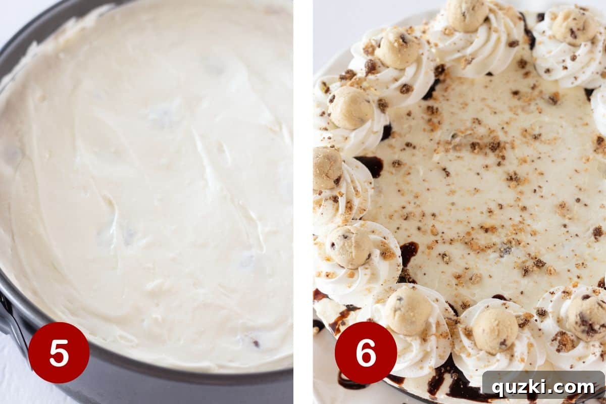 Irresistible No-Bake Cookie Dough Cheesecake 6 A visual progression of assembling and serving the no-bake cookie dough cheesecake: on the left, the filling is added to the crust; in the middle, the cheesecake is chilling in the refrigerator; on the right, a fully garnished cheesecake is ready to be served.