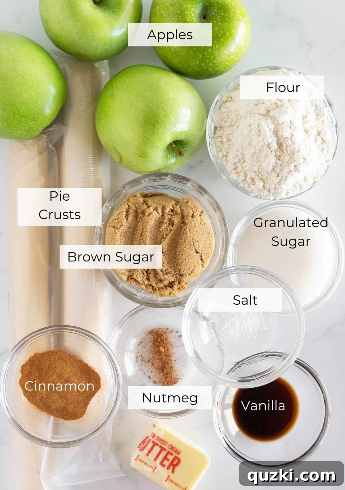 Simply Delicious Dutch Apple Pie Bars 3 A flat lay photograph showcasing all the primary ingredients required to make Dutch Apple Pie Bars, including crisp apples, various sugars, all-purpose flour, warm spices, and refrigerated pie crusts, neatly arranged on a rustic surface.