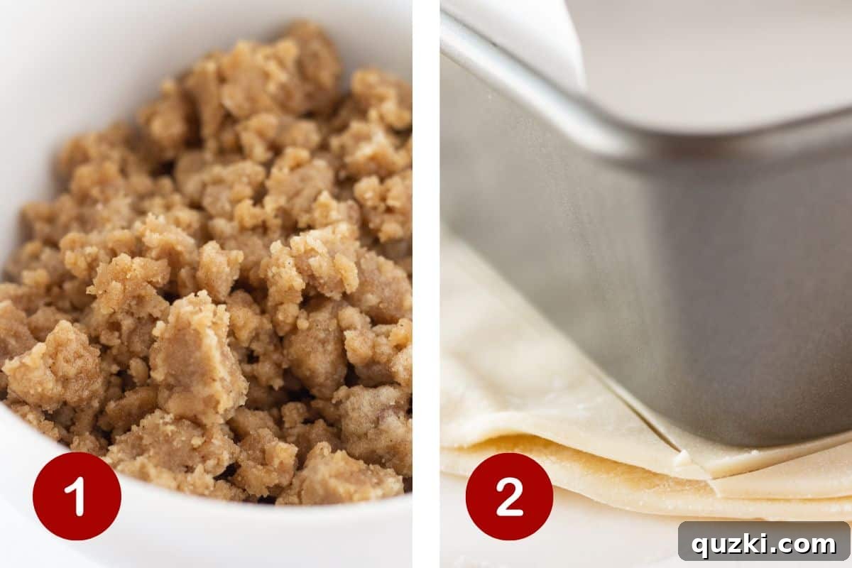 Simply Delicious Dutch Apple Pie Bars 4 Two sequential step-by-step photos demonstrating the initial stages of making apple pie bars. The first image shows a bowl of dry crumble topping ingredients being mixed. The second image illustrates a refrigerated pie crust being precisely cut using a baking pan as a template, ensuring a perfect fit.