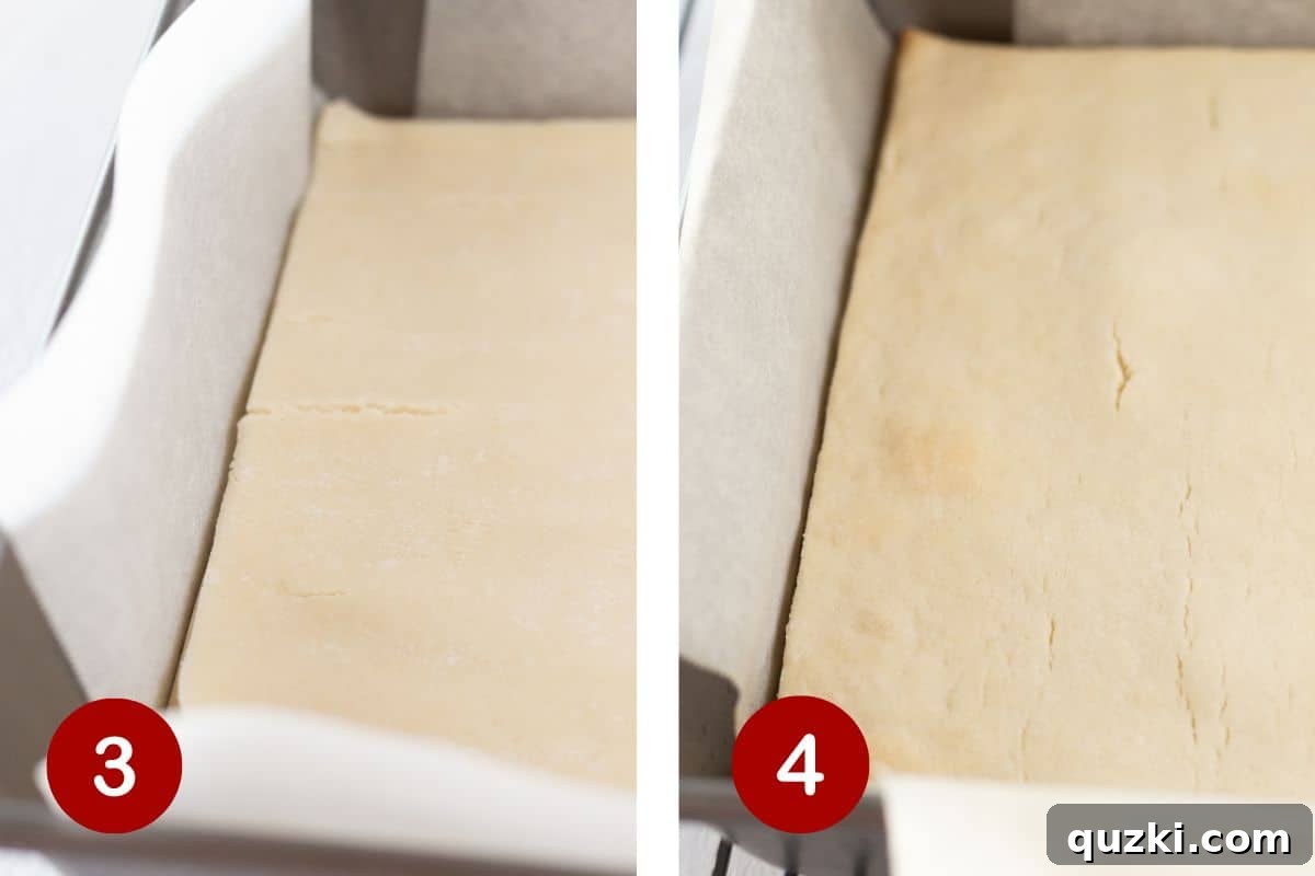 Simply Delicious Dutch Apple Pie Bars 5 Two consecutive step-by-step photos detailing the preparation of the pie crust for Dutch apple pie bars. The first image displays the precisely cut pie crust square being carefully placed into a baking pan lined with parchment paper. The second image shows the pie crust undergoing its initial pre-baking stage in a hot oven.