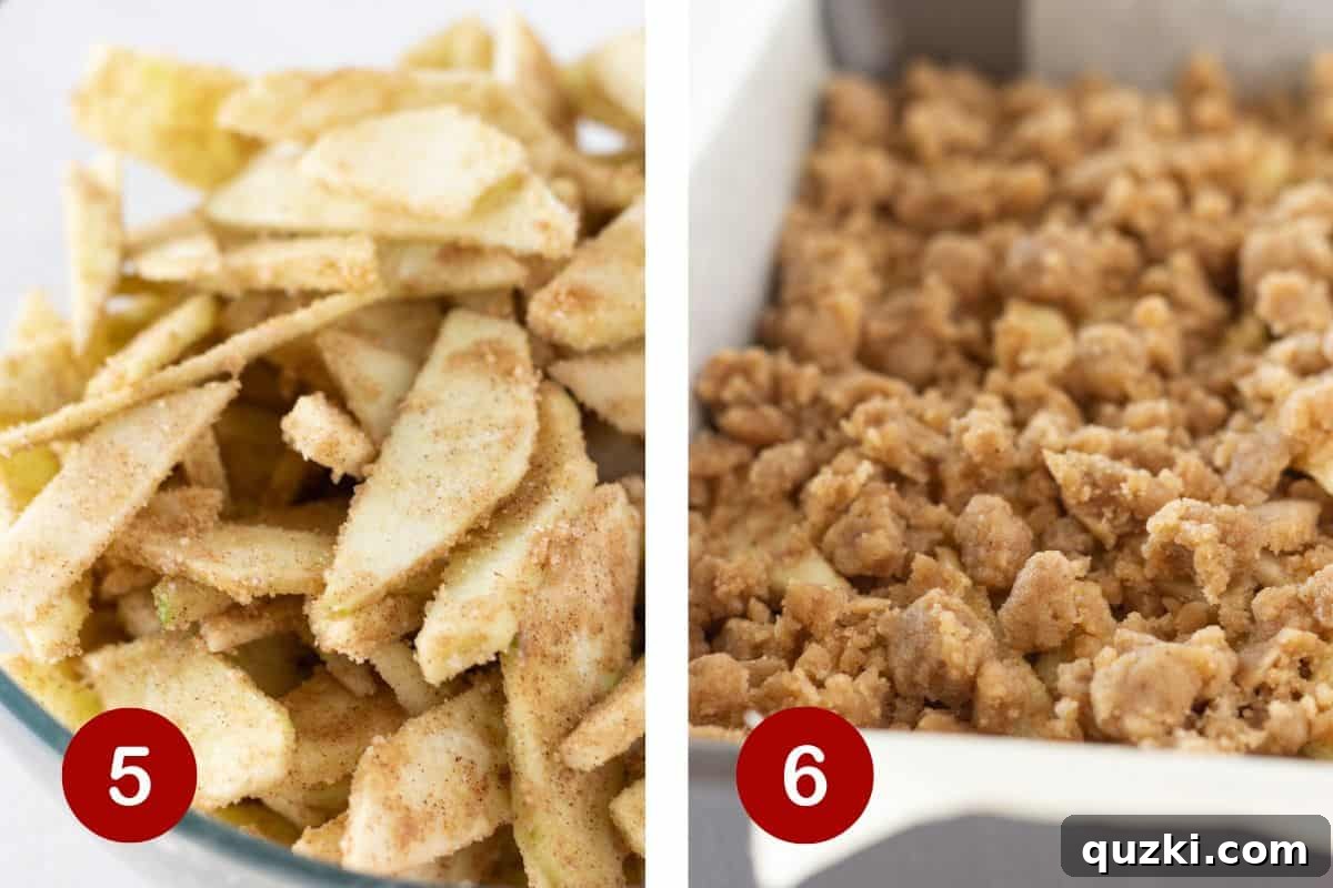 Simply Delicious Dutch Apple Pie Bars 6 Two vital step-by-step photos for making apple crumble bars. The first image shows a large bowl with thinly sliced apples being coated in a mixture of sugar, flour, and spices to create the flavorful filling. The second image captures the assembly phase, with the apple mixture and chilled crumble topping being carefully layered onto the pre-baked pie crust in the baking pan.