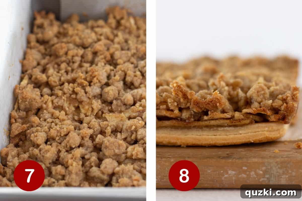 Simply Delicious Dutch Apple Pie Bars 7 Two crucial step-by-step photos for completing apple pie bars. The first image shows the assembled bars baking in the oven, with the crumble topping visibly golden brown and bubbling. The second image illustrates the fully baked and cooled bars, now being lifted from the pan using the parchment paper handles and expertly cut into neat, delicious squares on a clean cutting board.