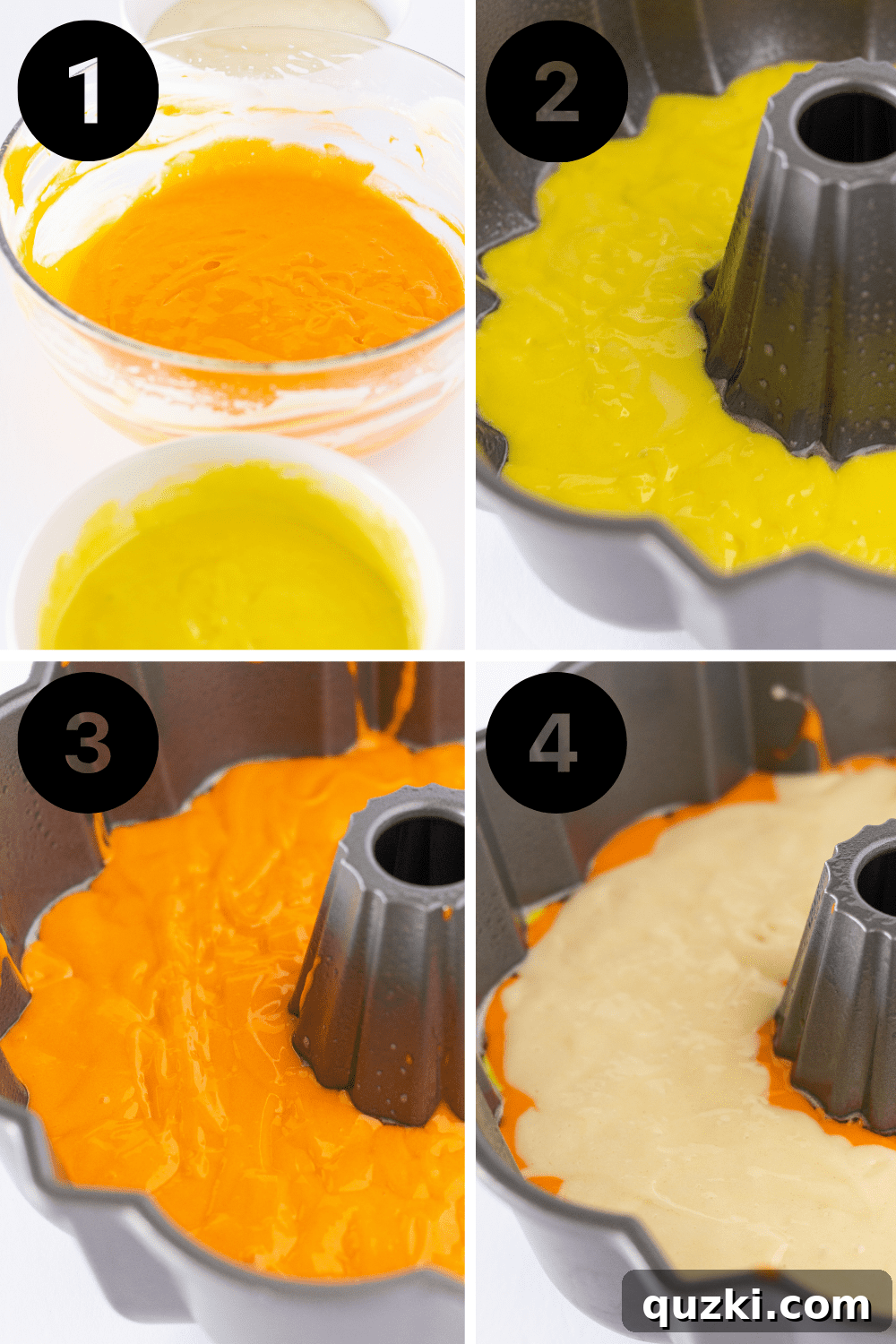 A visual guide showing the three distinct steps for layering the yellow, orange, and white batters in a Bundt pan to create the Candy Corn effect.