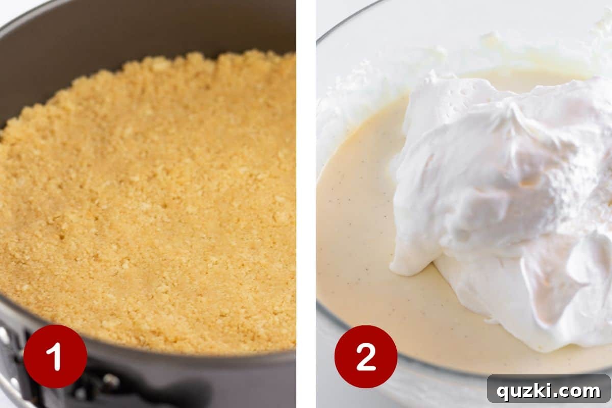 Step-by-step images showing the preparation of the cheesecake crust and the mixing of the creamy filling.