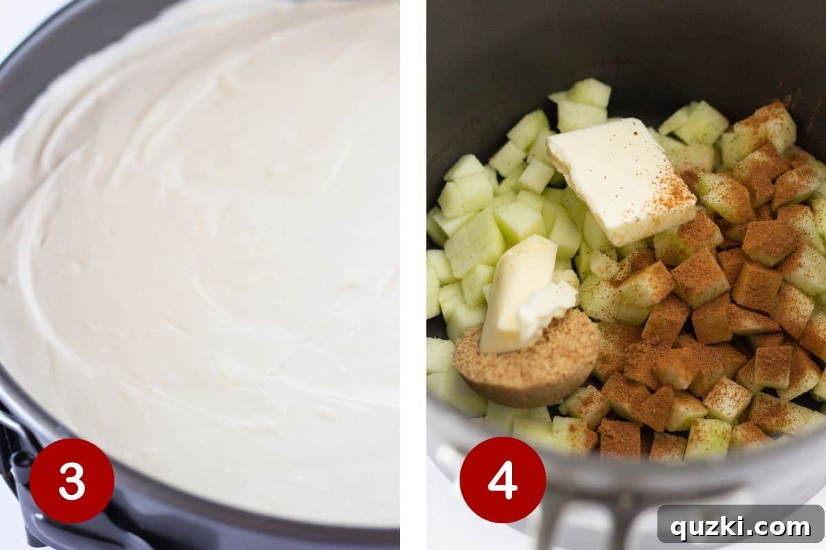Images showing the pouring of cheesecake filling into the crust and the cooking of the spiced apple topping.
