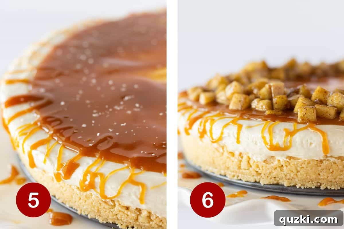 Close-up of the no-bake cheesecake being topped with generous caramel sauce and then the spiced apple mixture.