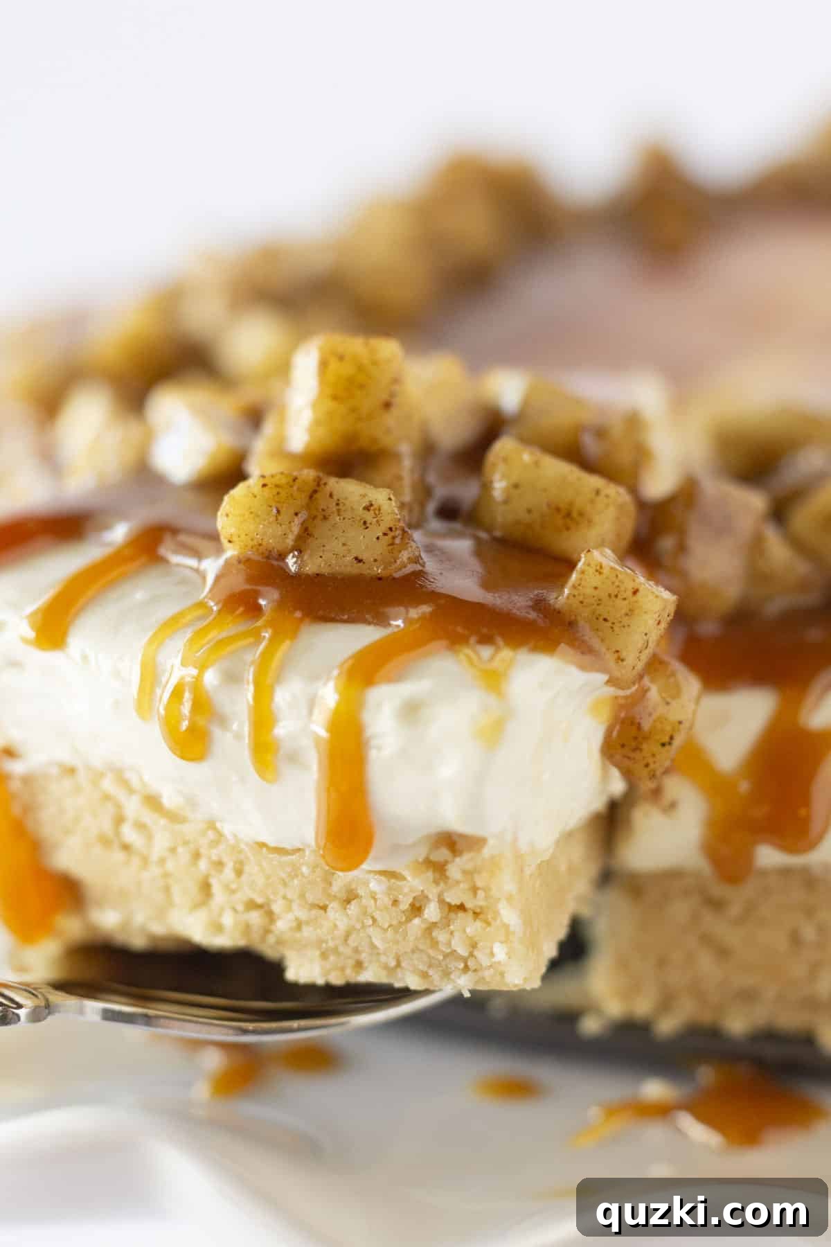 A perfectly sliced piece of caramel apple cheesecake on a plate, showing its creamy layers and delicious topping.