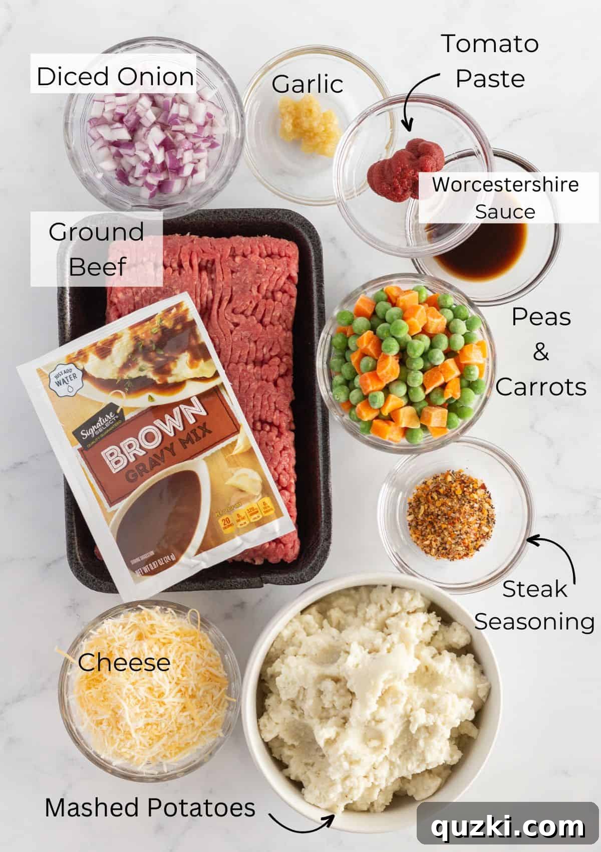 A photo of all of the ingredients needed to make Shepherd's Pie Skillet laid out on a surface.