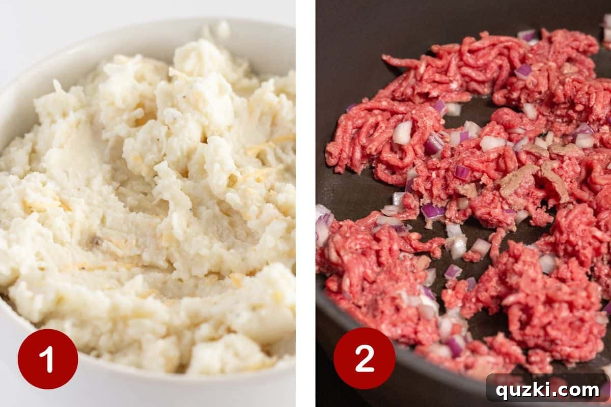 Photos showing the first two steps of making shepherd's pie skillet: mixing cheese into mashed potatoes and browning ground beef with onion in a cast iron skillet.