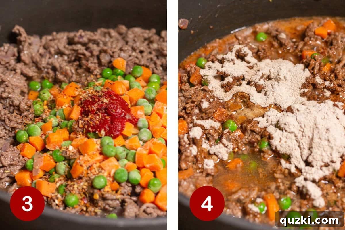 Photos showing steps 3 and 4 of making shepherd's pie skillet: adding seasoning and vegetables, then incorporating water and brown gravy packet into the meat mixture.