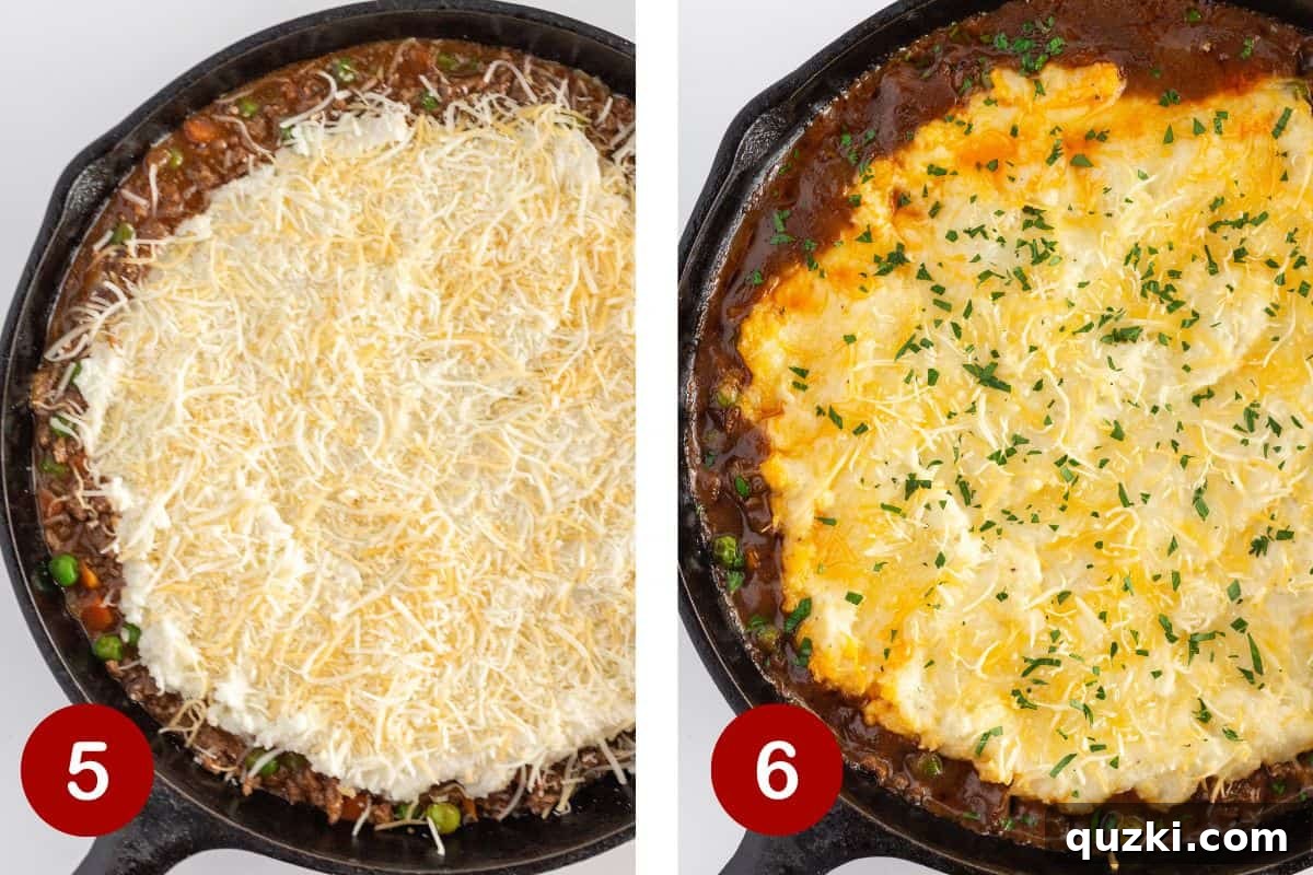 Photos showing steps 5 and 6 of making a shepherd's pie skillet: adding the mashed potatoes and cheese, then the finished skillet baking in the oven.