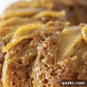 No-Fuss Caramel Apple Upside Down Cake 8 A close-up photo of the finished Super Easy Apple Upside Down Cake, showcasing its caramelized apple topping and moist texture.